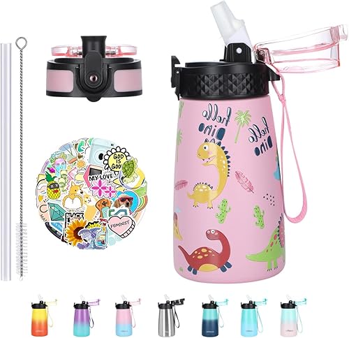 GOPPUS Botella de agua de 12 onzas para niños con tapa de popote y tapa de boquilla, taza de acero inoxidable aislada al vacío, doble pared,
