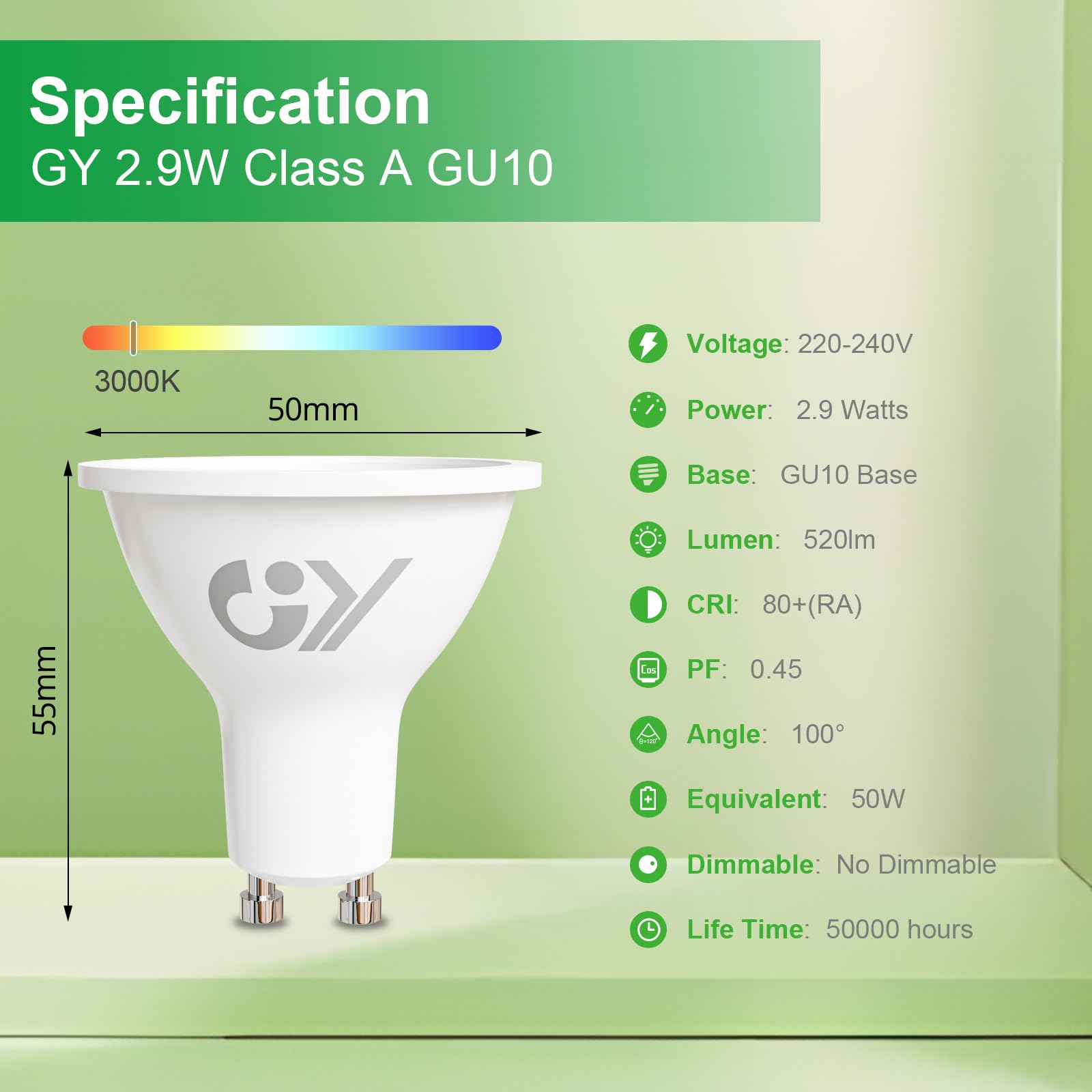 GY GU10 LED Warmweiss Lampe 2,9W 520 Lumen 3000K Warmweiß Glühbirnen, 50W lampe ersetzt, Abstrahlwinkel 110° Leuchtmittel, Nicht Dimmbar Energiesparlampe, 10er-Pack