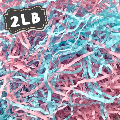 Image of ZEBMOON 2 LB Pink Blue Crinkle Cut Paper Shred Filler Great for Gift Wrapping, Basket Filling, Birthday, Wedding, Halloween, Thanksgiving, Christmas Day, New Year Party Decorations Filling Supplies