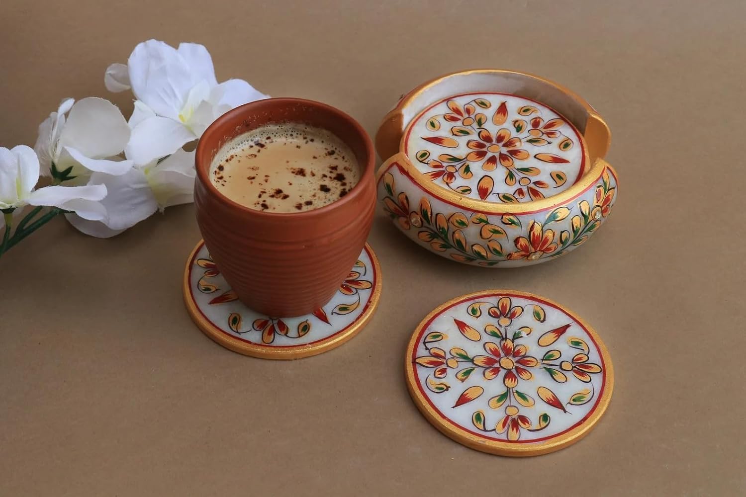 Artyog Marble Tea Coaster Set for Home Dining Table Office Desk (6 Coaster with Holder- Floral Painting)-image-12