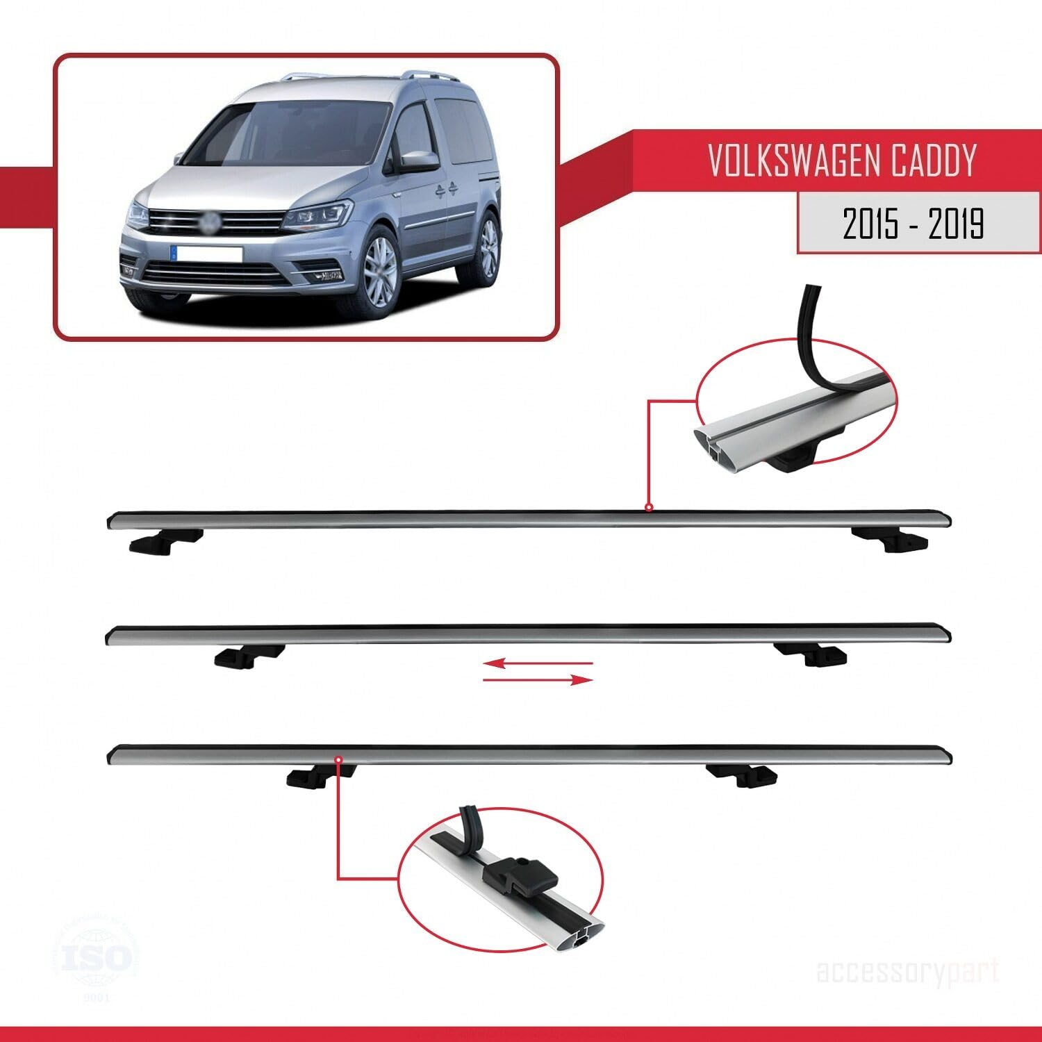 MDAK Compatible con Volkswagen Caddy 3 (SA) 2015-2019 BASIC Model Universal Barras de Techo Auto Portaequipajes Barras Transversales Gris Aluminio 3 Barras