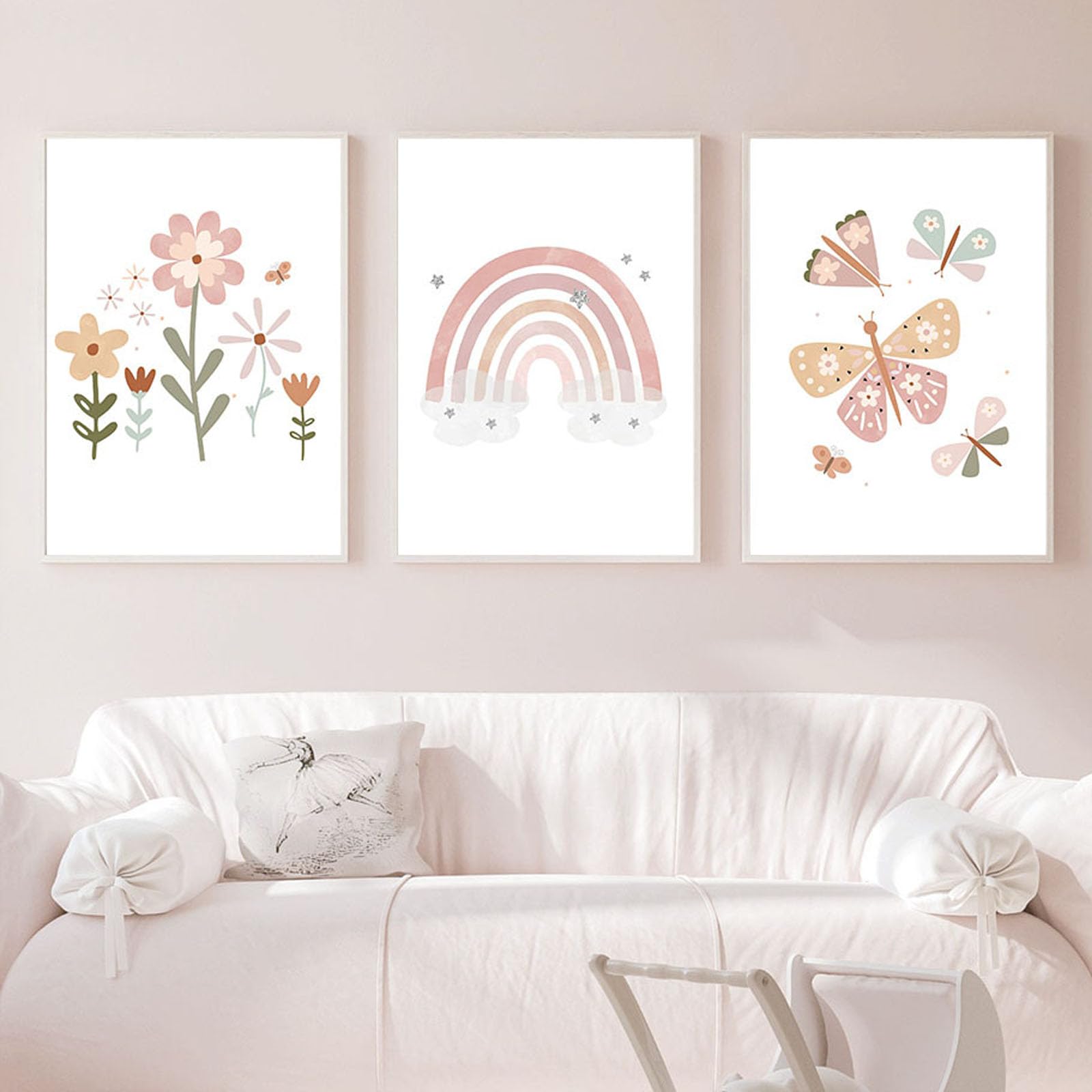 JORCEDI 3-piece set of pictures nursery posters rainbow hearts boho wall posters, cute motifs with sun cloud flowers for baby room, wall decoration for boys & girls, without Frames (21 * 30cm)