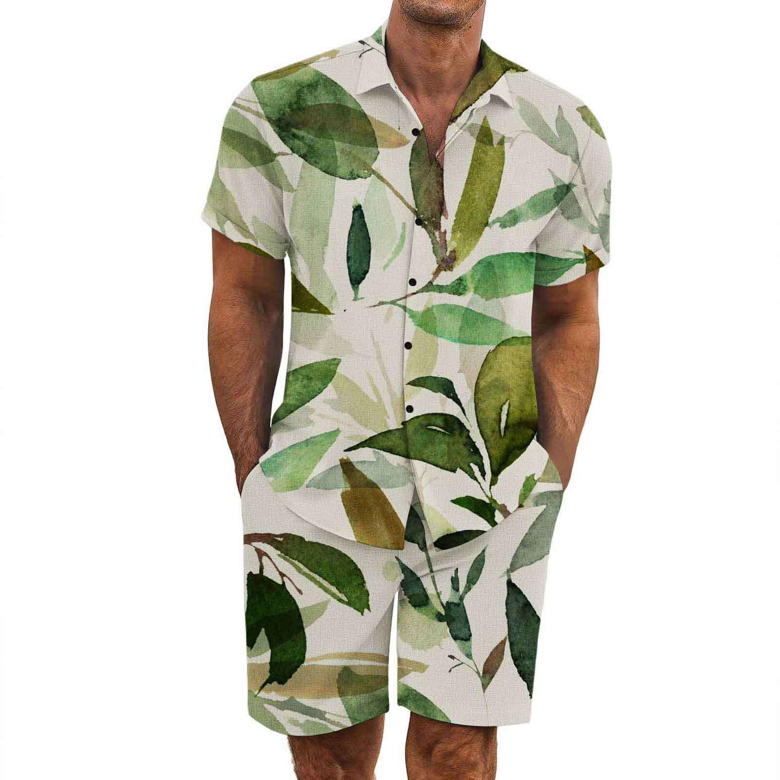 2 Pezzi Uomo Estiva Traspirante in Misto Lino - Completo Stampato e Pantaloncini Tute da Sportivo Completo Leggero Estivo Traspirante Italiana Outift per Vacanza e Tempo