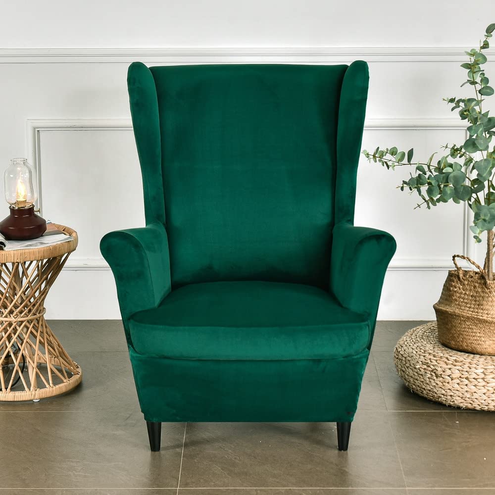 Highdi Velours Housse de Fauteuil à Oreilles Extensible 2-Pièces Couverture de Fauteuil avec Housse de Coussin en T, Couleur Unie Mode Strandmon Housse de Fauteuil Antidérapante (Vert foncé)