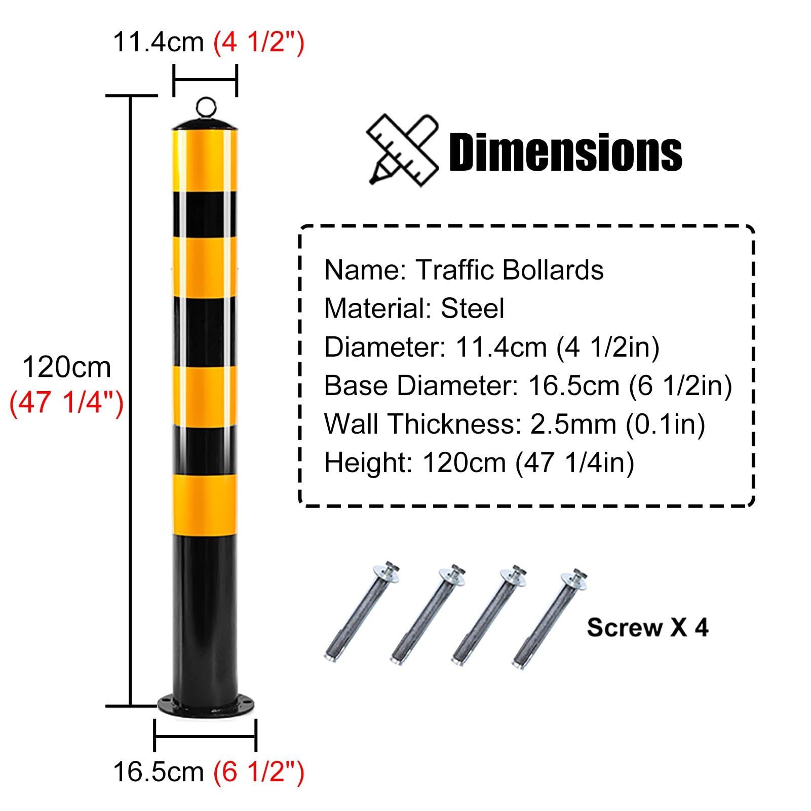 Cono de barrera de control de acceso atornillable, bolardos de seguridad para entradas de vehículos, poste delimitador de tráfico para lotes de construcción/estacionamientos/senderos (Altura), 120 cm