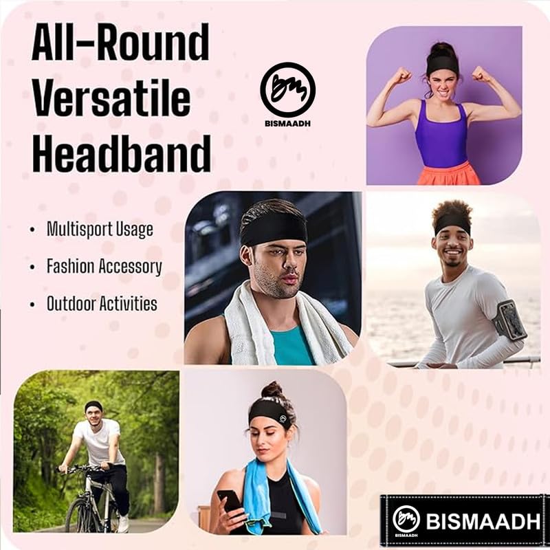 BISMAADH Men's Spandex Headband Sweatband & Sports Headband for Running, Cycling, Yoga, Exercise - Stretchy & Moisture Wicking Free Size - Image 3 thumbnail
