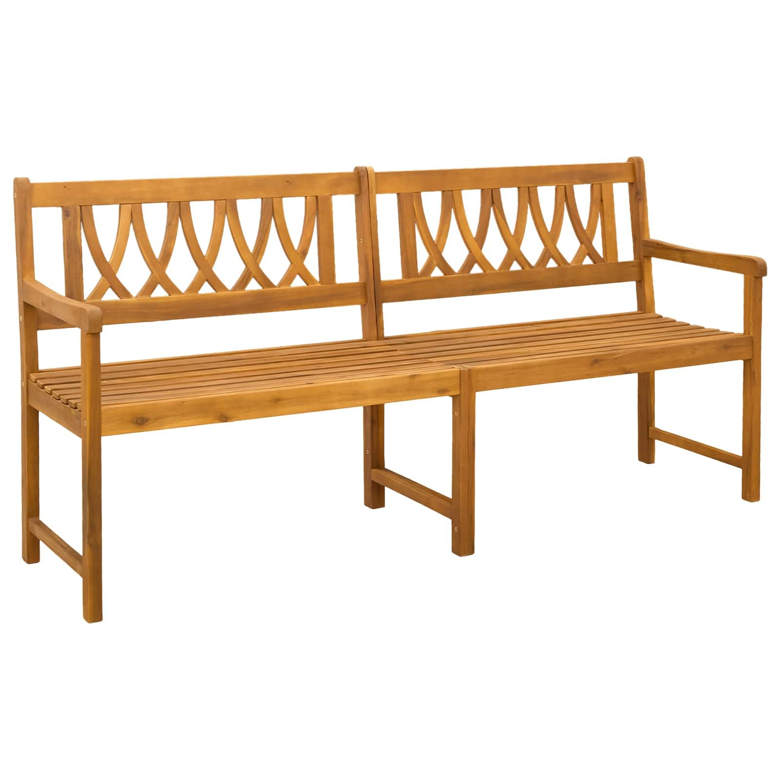 Banco de jardín rústico de madera maciza de acacia barnizada, 180 x 55,5 x 90 cm, con reposabrazos, grano de madera natural, banco para exteriores, fácil de limpiar