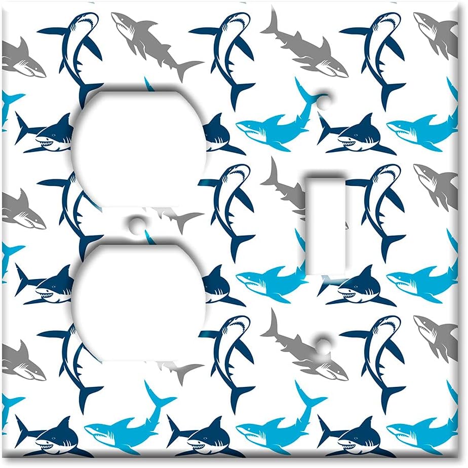 Art Plates - 2-Gang Combination Switch Plate - Outlet - Toggle - Sharks Seamless - (Made in USA)