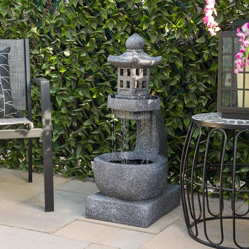 Image of Alpine Corporation DIG370 31 inch Outdoor Zen Pagoda Water Fountain with LED Lights & Illuminated Stone Bowl - Tranquil Garden Water Feature for Relaxation and Ambiance, Gray