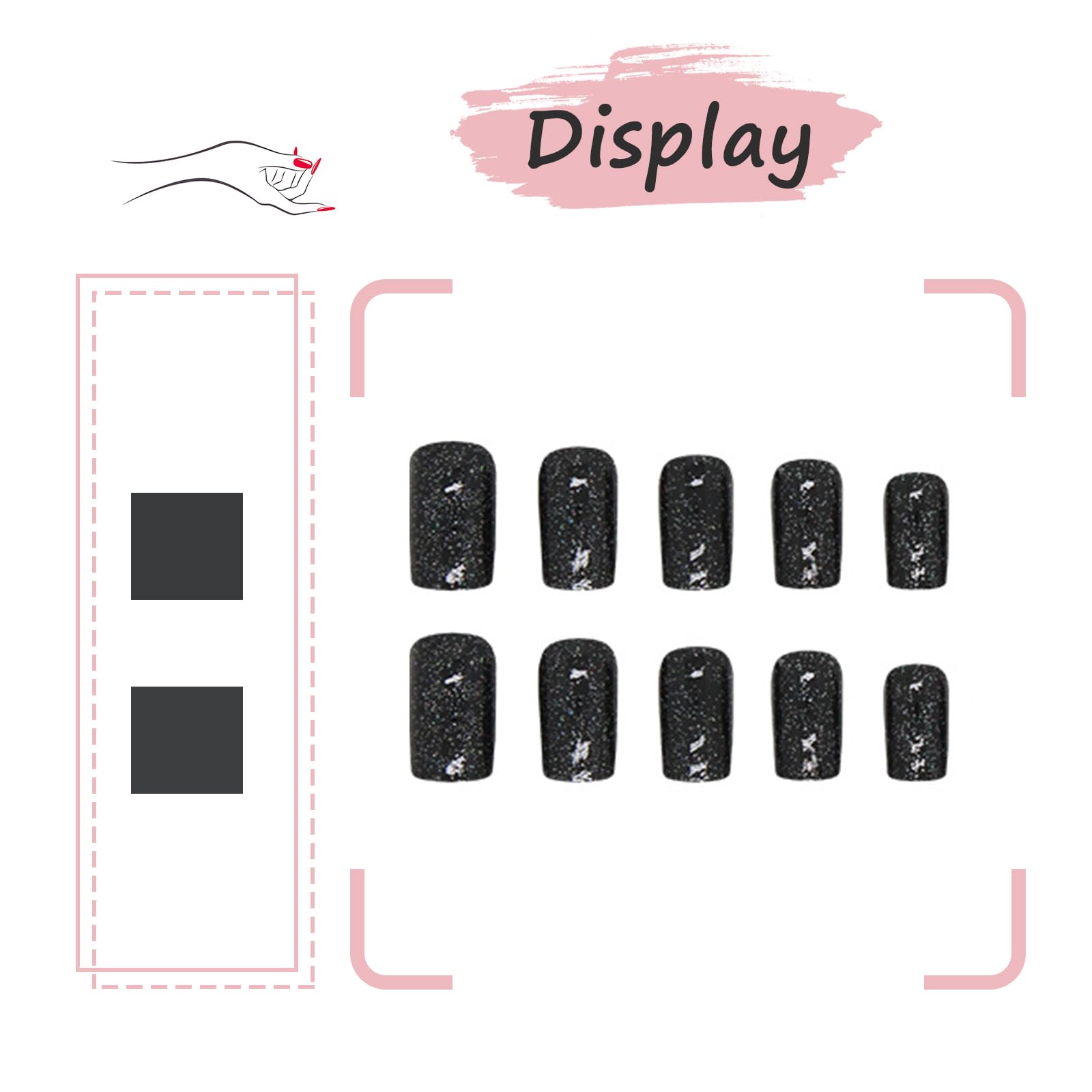 24Pcs French Tips Press on Nails Short Square False Nails Glossy Black Glitter Fake Nails with Rhinestones Designs Removable Artificial Stick on Nails for Women Girls Manicure Decoration - Image 4