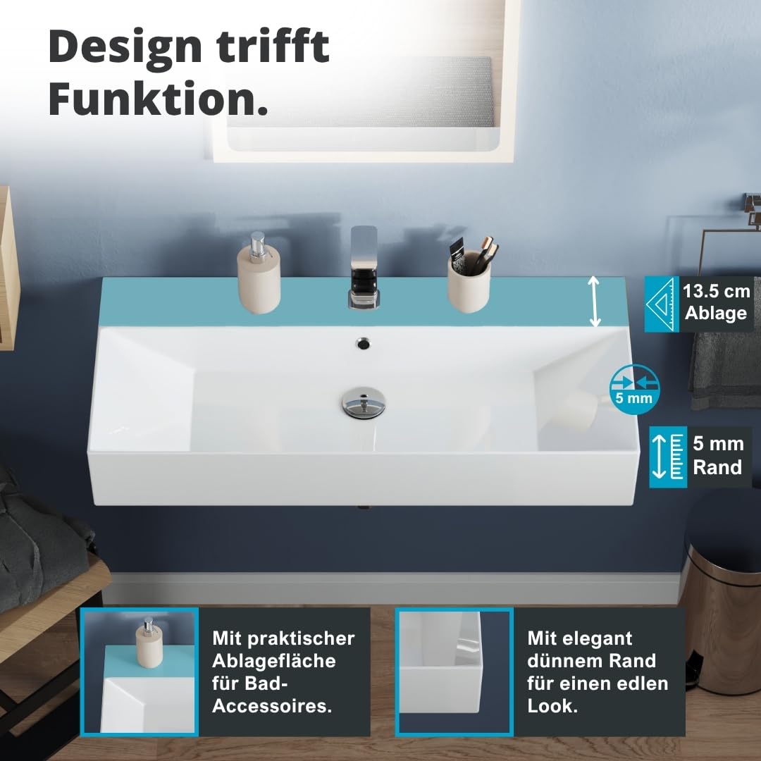 Aqua Bagno lavabo grande 90 cm rectangular cerámica blanco brillo, lavabo suspendido para baño moderno con orificio para grifo y rebosadero, diseño contemporáneo y fácil de limpiar | Lavabo colgante de borde fino con agujero para grifo y rebosadero, color