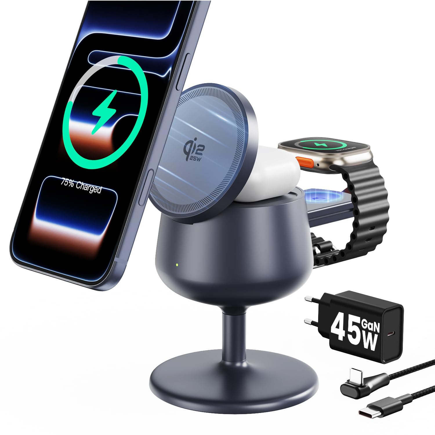 GEEKERA 3-en-1 Station de Charge pour Apple: Qi2.2 25W Compatible MagSafe pour iPhone 17/16, Chargeur Rapide 5W pour Apple Watch et AirPods, Adaptateur 45W Inclus, Idéal pour la Maison et Le Bureau.
