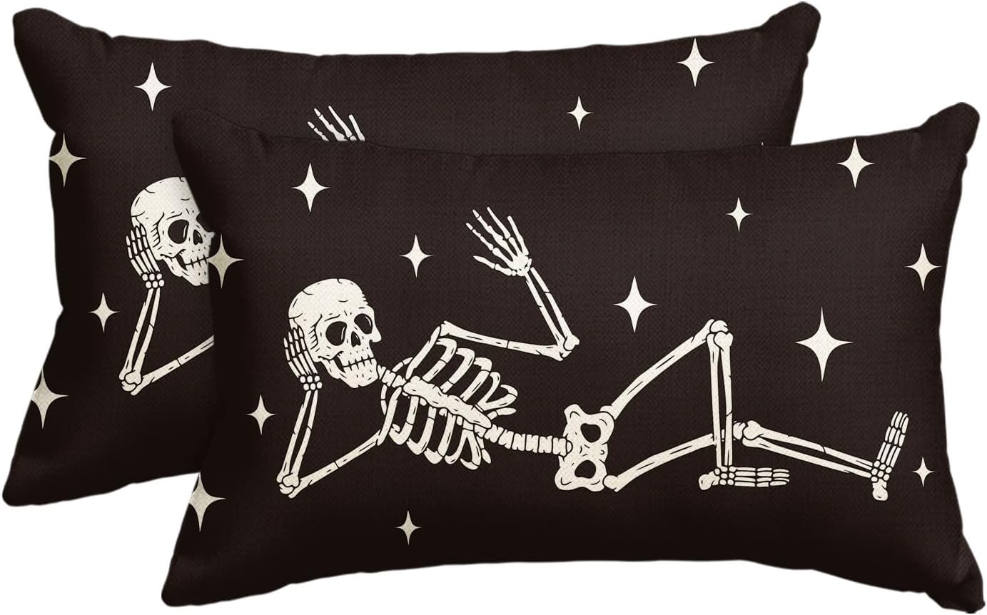 AVOIN colorlife Halloween Cool Skull Throw Pillow Covers, 12 x 20 Inch Skeleton Holiday Farmhouse Cushion Case Decoration for Sofa Couch Set of 2 20" x 12" (Pack of 2)