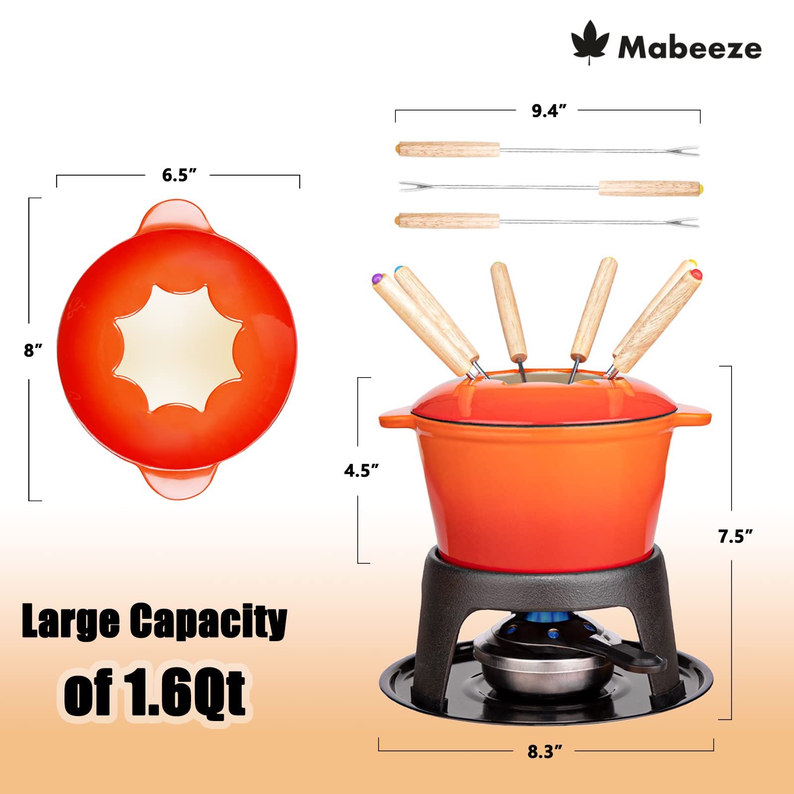 Mabeeze Cast Iron Fondue Set - Cheese, Chocolate & More -3