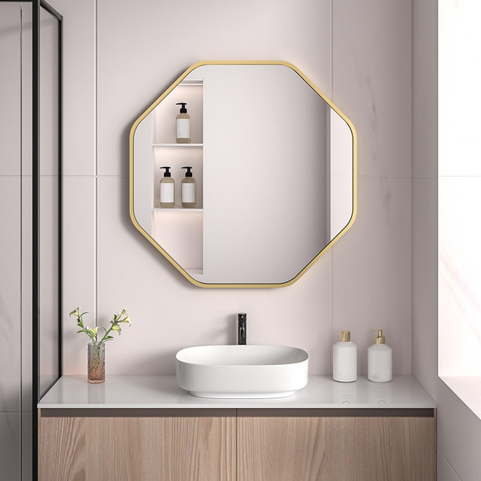 SXFSDOU Octagonal Bathroom Wall Mirror, Aluminum Alloy Frame, HD Vanity Makeup Mirror for Home Décor