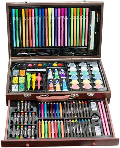 XARONF Juego de creatividad artística de lujo de 130 piezas, suministros de arte en estuche de madera portátil, pasteles al óleo, lápices de