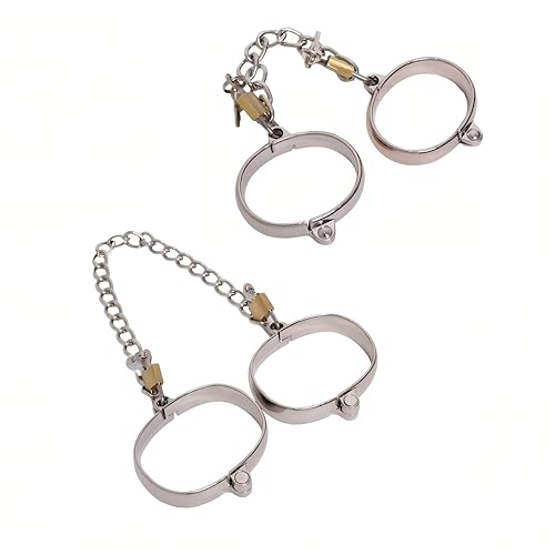 BDSM Stainless Steel Handcuffs and Ankle Cuffs for Men and Women - Lock Design Cuffs with Metal Chain BDSM Bondage Set Sex Toys, 4 Sizes (Size-A&C) - Size-A&C