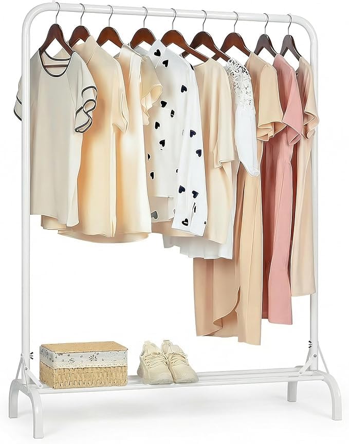 YasTant Sturdy Clothes Rail for Bedroom, Portable Clothes Rack with Shoe Storage, Metal Clothing Rail for Hanging Garments (white)