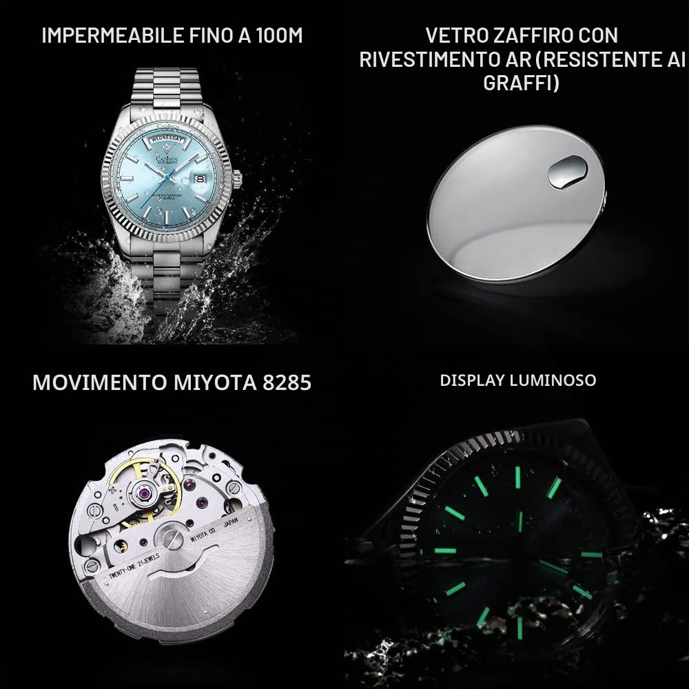 CADISEN Orologio automatico da uomo con riserva di carica automatico vetro zaffiro impermeabile cinturino in acciaio inox casuale