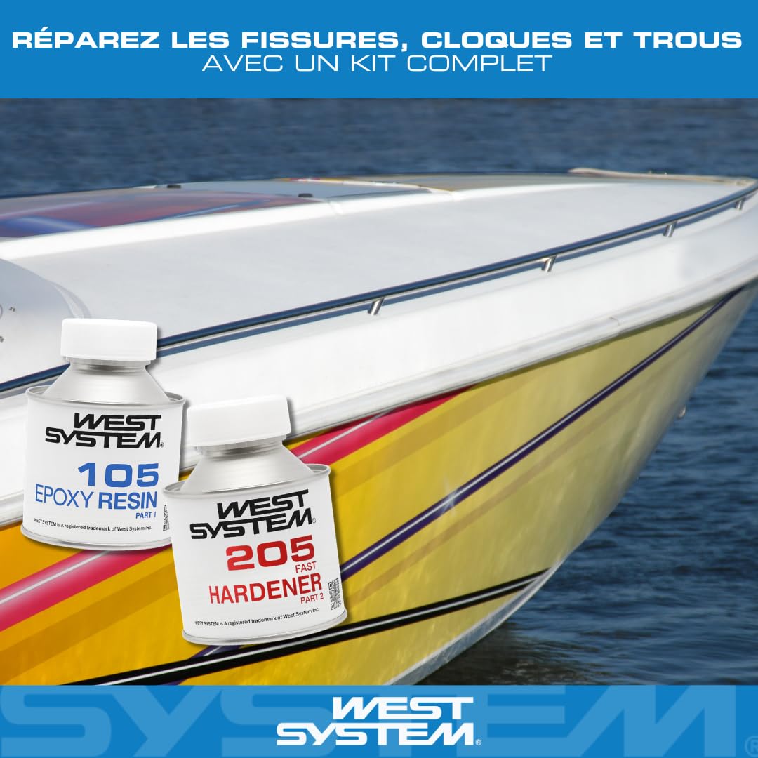 WEST SYSTEM 105-K Kit Réparation Fibre de Verre Carrosserie – Résine Époxy avec Durcisseur, Adhésif Bi-composant Marine pour Bateaux – Inclut Gants, Brosses, Seringues, Bande Verre et Matériel