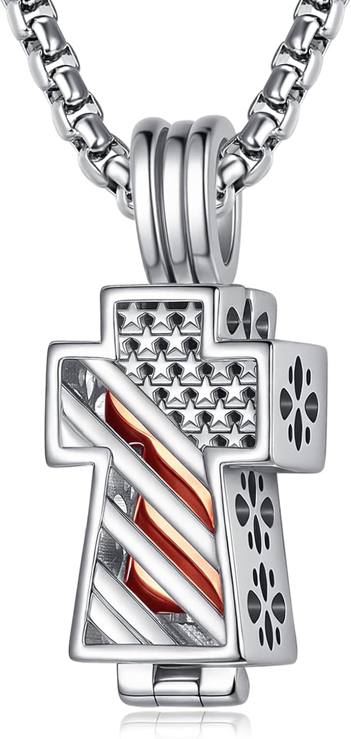 American Flag Urn Necklaces for Ashes Sterling Silver Keepsake Urn American Flag and Cross Religious Cross Cremation Jewelry Memory Gifts for Men