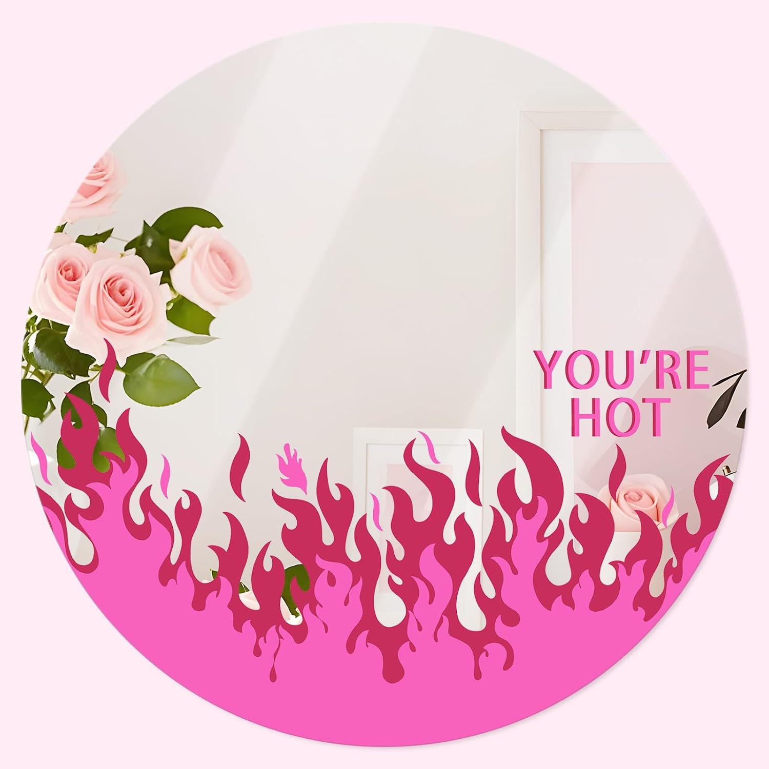 FYSUIMU Valentine's Day Wall Mirror with Adhesive Backing Acrylic Mirror Pink Fire Round 11.8 x 11.8 Inch Makeup Mirrors for Women Birthday Party Favors Supplies