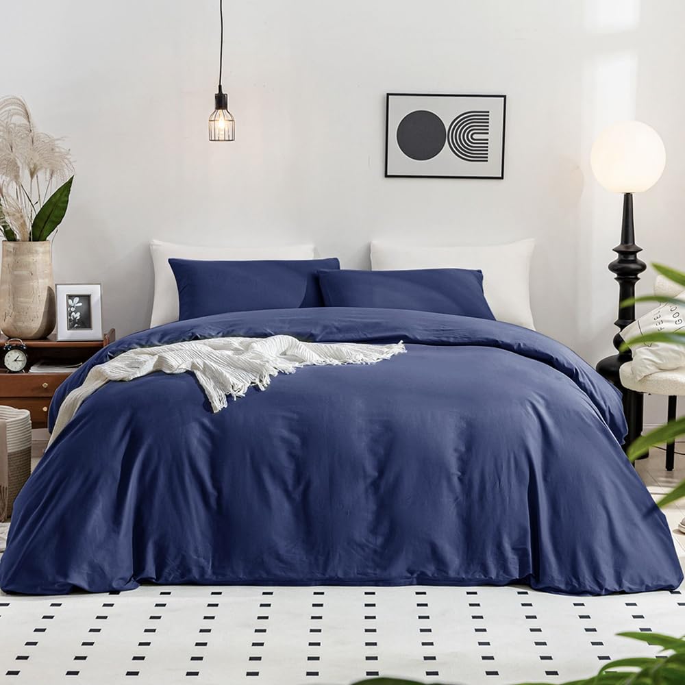 JELLYMONI Navy Blue 100% Washed Cotton Duvet Cover Set, 3 Pieces Luxury Soft Bedding Set with Zipper Closure. Solid Color Pattern Duvet Cover Cal-King Size(No Comforter)