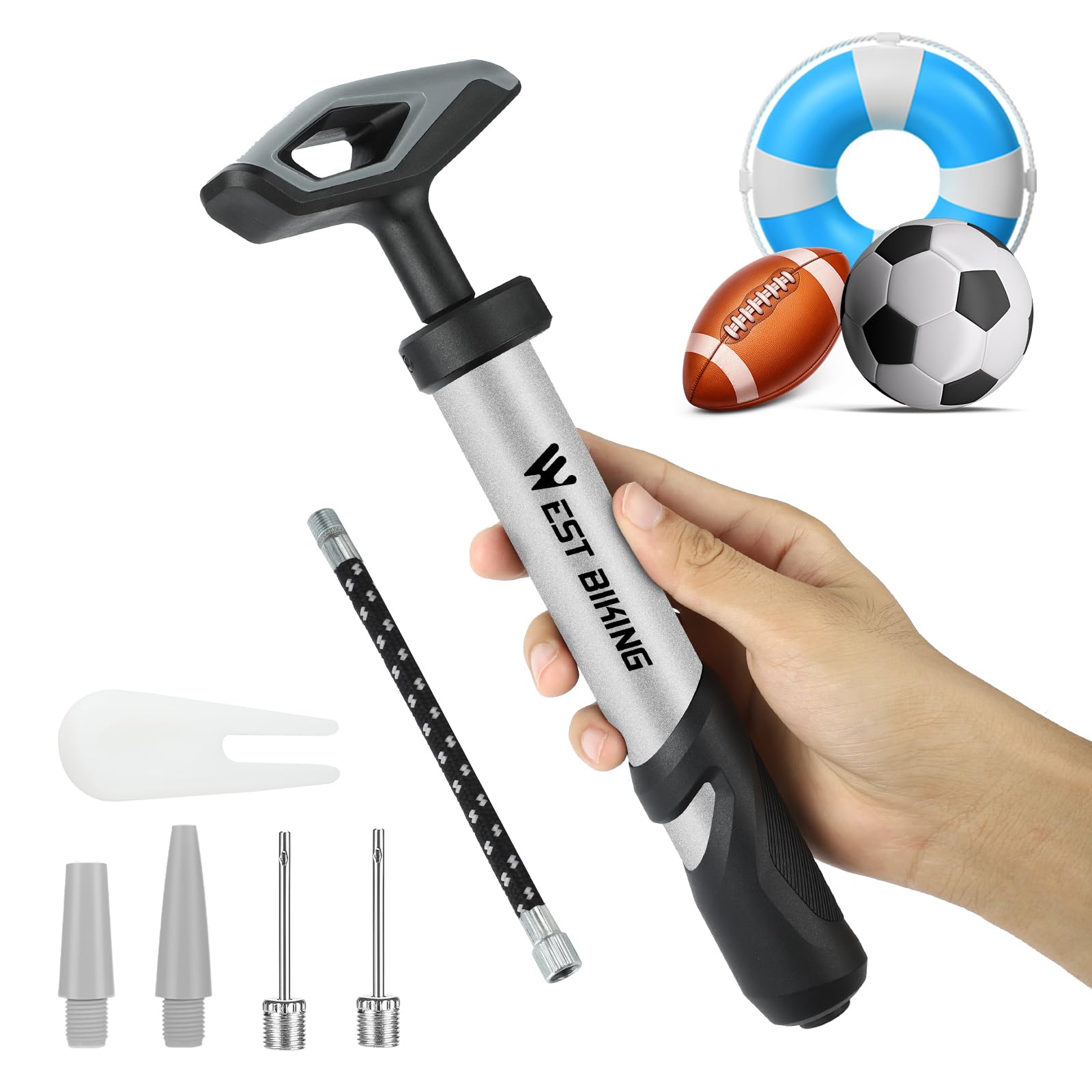 Ball Pump With Needle, Portable Football Inflator Pump Come With Hose，Inflation Pump for Soccer Basketball, Rugby, Balloons