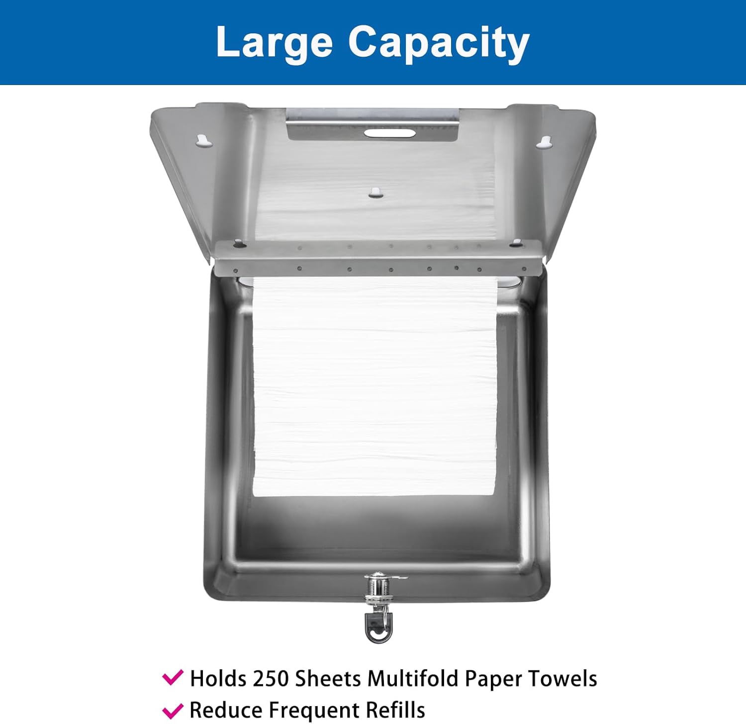 Commercial Paper Towel Dispenser Wall Mount, Brushed Stainless Steel Paper Towel Holder for Bathroom, Large Capacity 250 C-fold/Tri-fold/Multifold