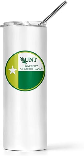 University of North Texas - Vaso delgado para agua, acero inoxidable, vaso con popote y tapa, doble pared, de acero inoxidable (University of North