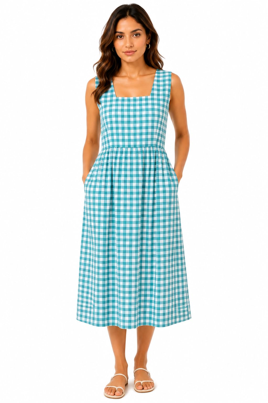Women's Gingham Check Sleeveless Midi Dress with Pockets-picture-51