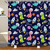 Loussiesd Dinosaurier Badezimmer Mädchen Weltraum Karikatur Dino Duschvorhang 180x200cm Dschungeltiere Astronaut Duschvorhang Textil für Jugendliche Dekor Raum Raketenstände Wasserdichter Vorhang
