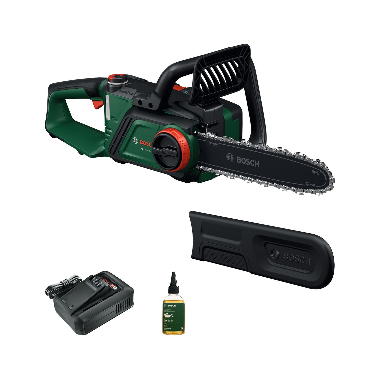 Bosch Sega a catena a batteria PKE18V-30-28 | tecnologia OptiCut, Peso: 3,9 kg, velocità della catena: 9 m/s, inclusi batteria e caricabatteria