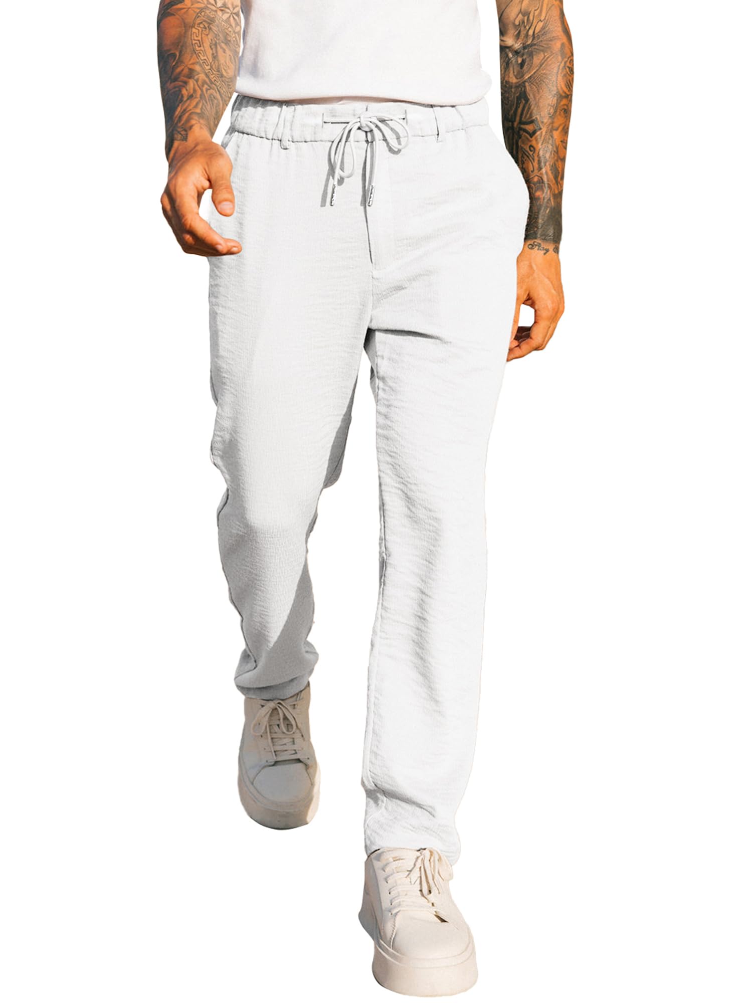 JMIERR Men's Casual Drawstring Pants Elastic Waist Lightweight Pant Summer Beach Trouser with Pockets