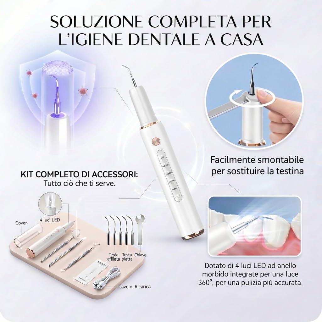 Kit Pulizia Denti Tartaro，Spazzolino Elettrico Ultrasuoni con 5 Modalità Per Rimozione Placca Macchie con 5 Testine Intercambiabili e Luci LED Set da 13 Pezzi per Pulizia Tartaro Uso Quotidiano a Casa