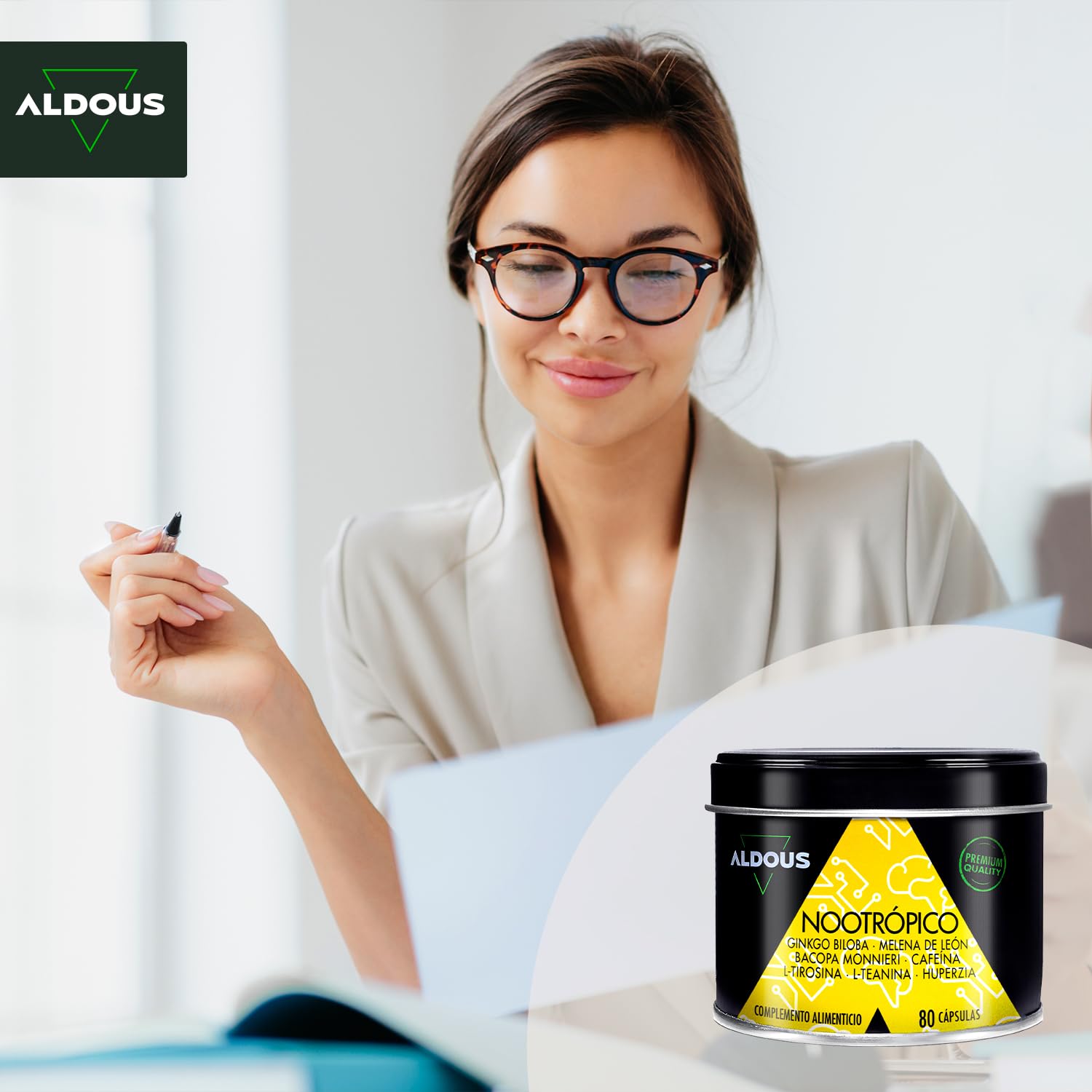 Nootropique Naturel - 80 Gélules - Brain Booster - Focus - Mémoire et Concentration, Énergie - Ginkgo Biloba, Lions Mane, Caféine, Bacopa Monnieri, Tyrosine, Théanine, Huperzia - ALDOUS
