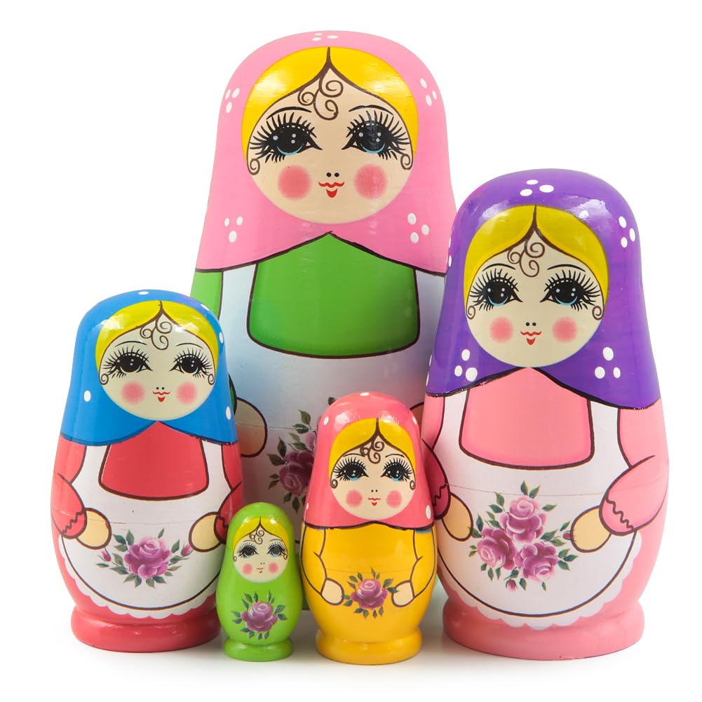 Boerni Ensemble de 5 poupées Russes gigognes Multicolores Roses, adorables poupées Matriochka en Bois à Motifs Floraux, décoration pour la Maison, Cadeau d'anniversaire ou de Saint-Valentin.