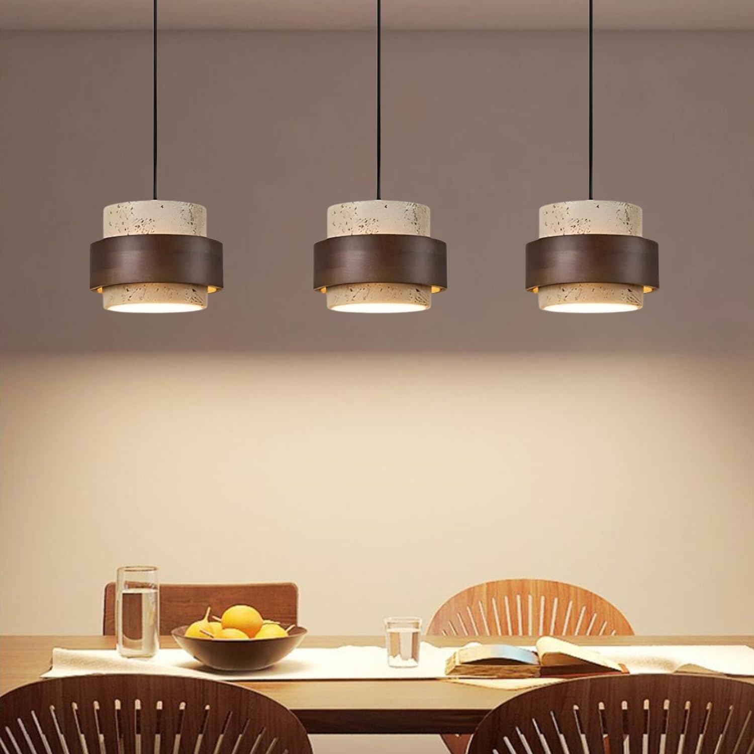Lfoute Travertine Pendant Light 3-Light Cylindrical Natural Stone Chandelier Modern Wabi-sabi Hanging Ceiling Lamp for Kitchen Island Dining Room Living Room Bedroom E27 Adjustable Height(Brown,B)