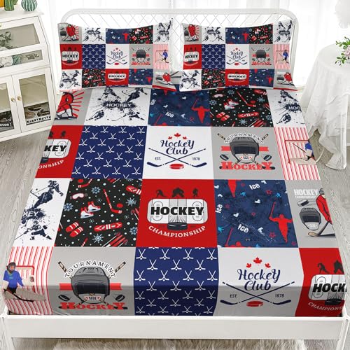 AILONEN Hockey Sport Fitted Sheet Set, Ice Hockey Bedding Set for Teen Child Livingroom Decors Twin XL Size,Hockey Fan Theme Bed Sheet Set,1 Fitted Sheet 2 Pillowcases,3 PCS