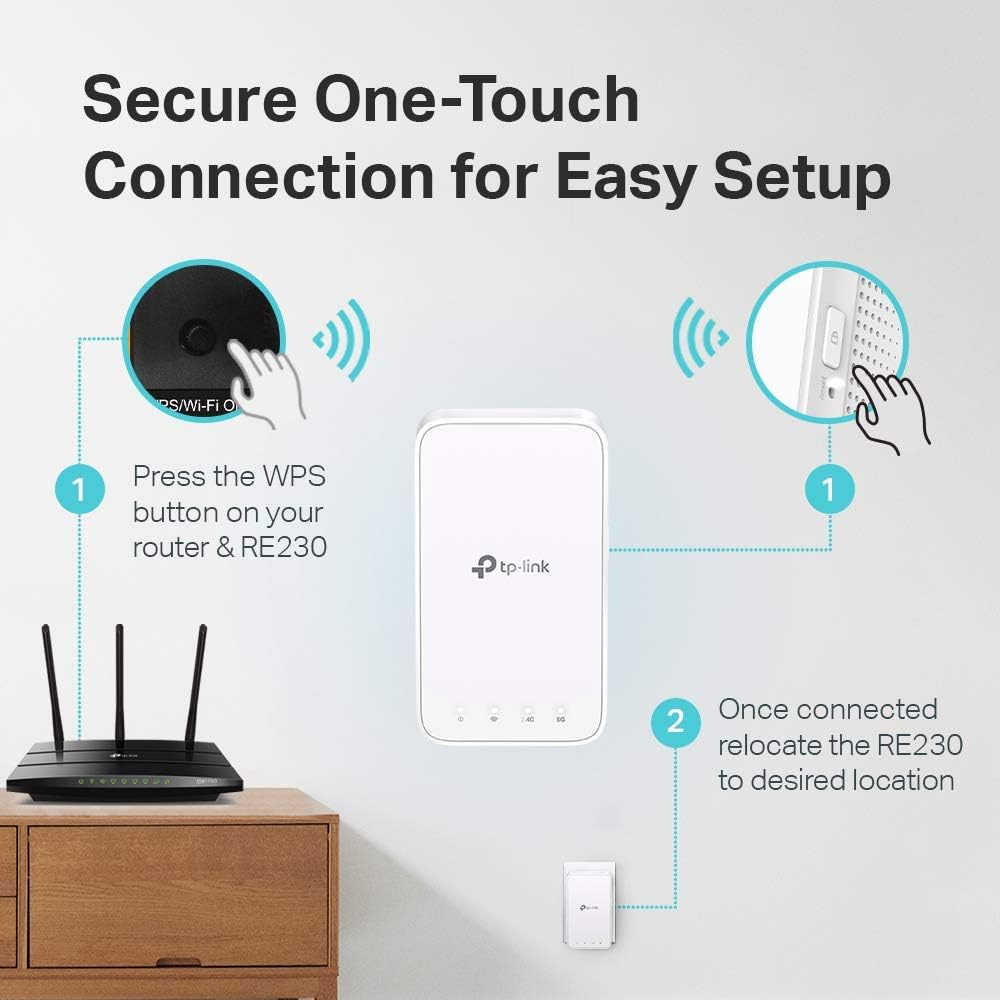 Diagram showing one-touch WPS setup for the TP-Link RE230.