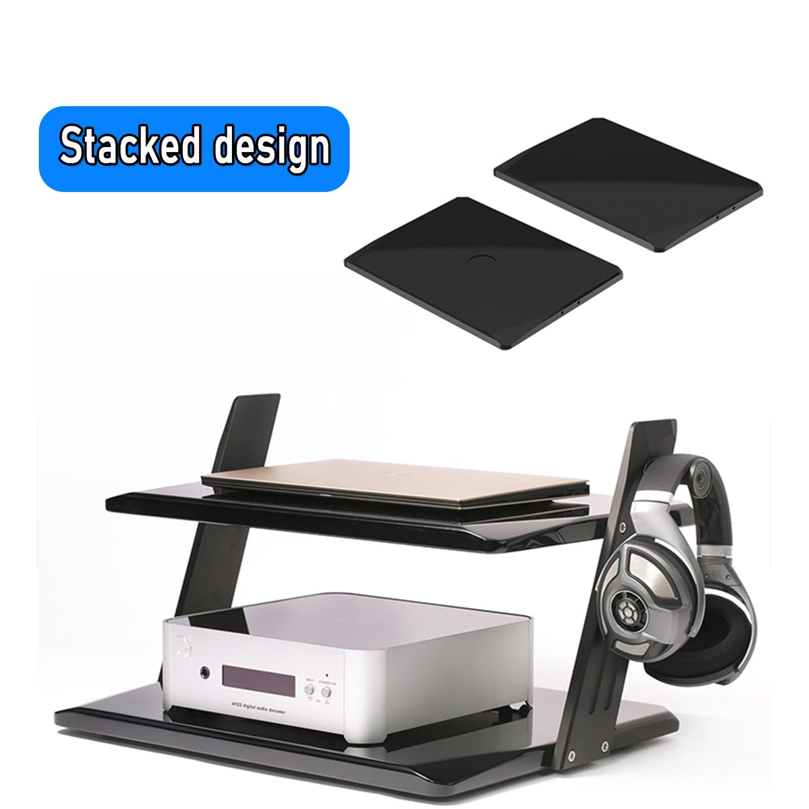 Gabinete de almacenamiento estable de aleación de aluminio de 2 niveles con absorción de golpes, diseño central trasero, soporte de carga resistente, perfecto para jugadores y creadores de contenido