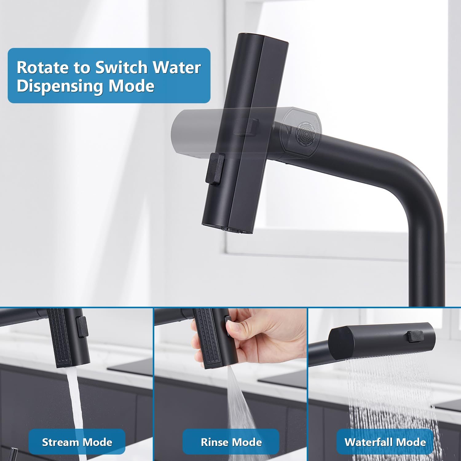 Grifo Cocina Negro Extraible, Grifo Cocina en Cascada con 3 Modos de Ajuste, Giratorio a 360° Mezclador Monomando Fregadero con Caño Alto, Acero Inoxidable, Agua Frío y Caliente Regulable