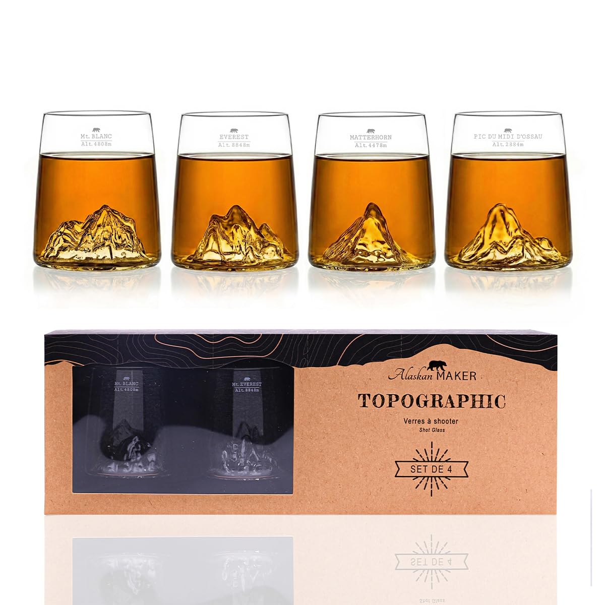 Alaskan MAKER Coffret de 4 shooters 6.5 cl - Borosilicate de qualité supérieure, soufflés artisanalement avec montagnes en relief | TOPOGRAPHIC (Everest, Mont Blanc, Pic du Midi & Matterhorn)