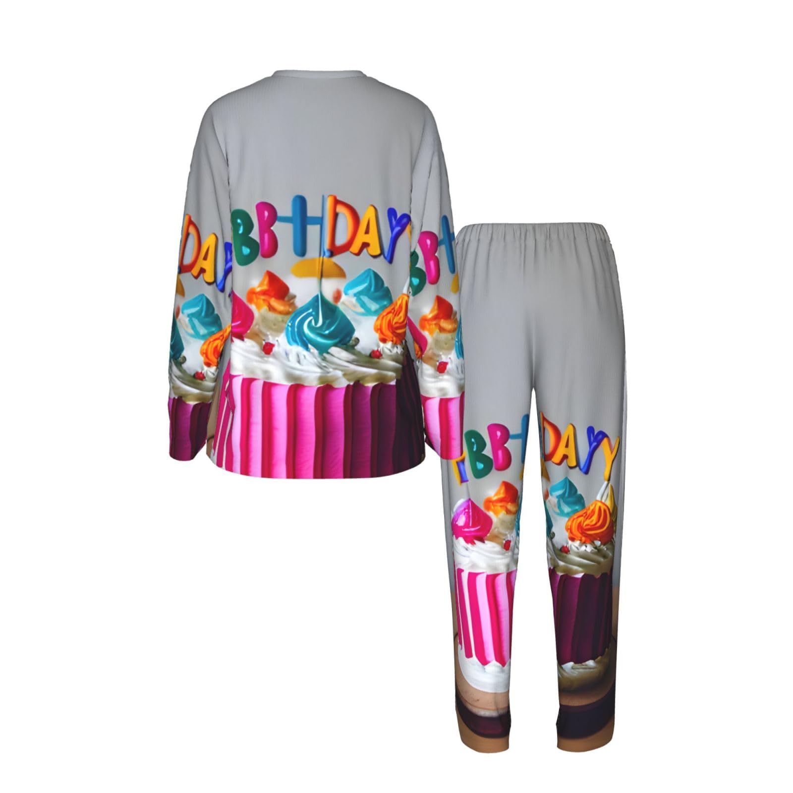Happy Birthday Cake Stampa Donne Manica Lunga Pigiama Abbinamento Quotidiano Confortevole Loungewear Abiti Da Notte