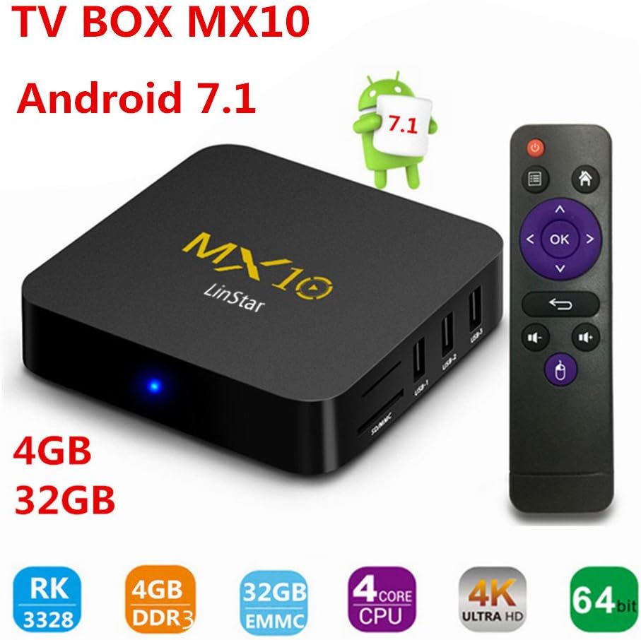 LinStar tv box,MX10 TV BOX Android 7.1 smart TV box Rockchip RK3328 Quad-core 4GB DDR3 RAM 32 ROM EMMC Support H.265 UHD 4K 2.4G WiFi Set-top box