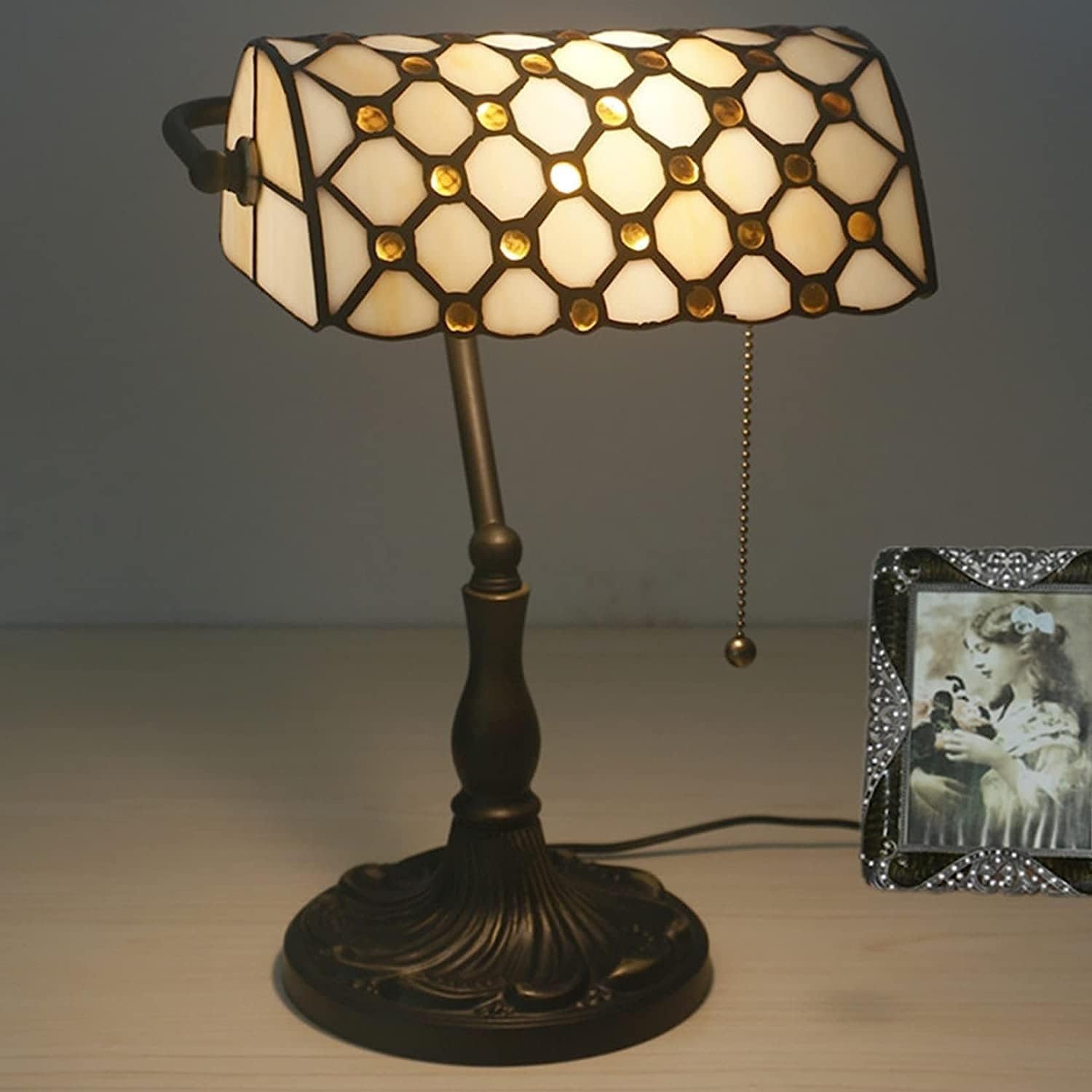 Bankiers Tischlampe, farbige Glaslampe, Kristallperlenschreibtischlampe, Schlafzimmer in der Nacht Leselampe (beige brauner Glasperlenschatten) Innovate