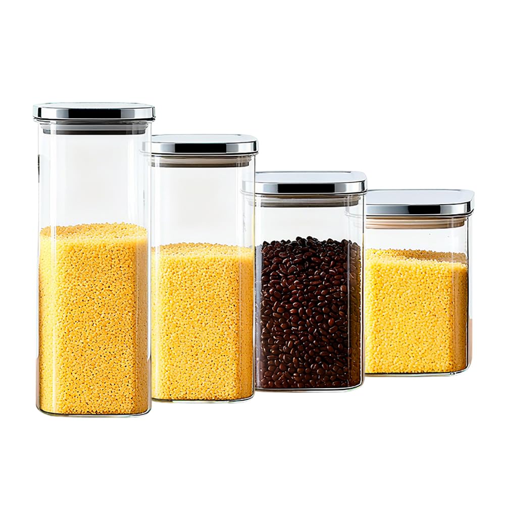 Conjunto 4 Potes De Vidro Life Herméticos Quadrados Com Tampa Inox E Anel De Silicone