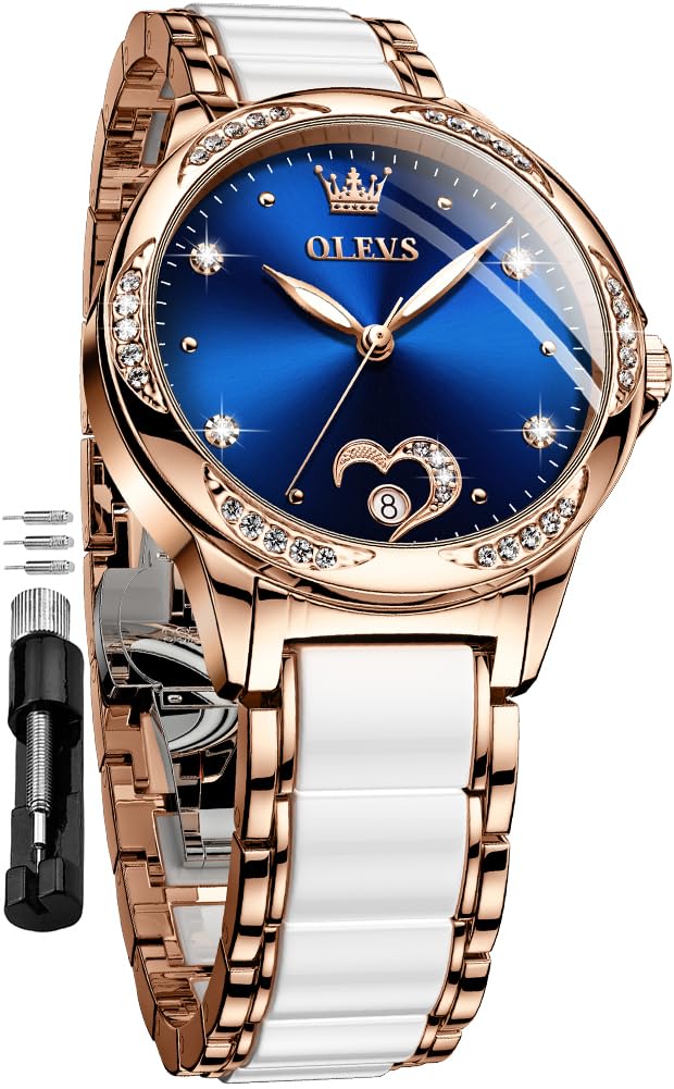 OLEVS Orologio automatico da donna meccanico a carica automatica, orologio da polso da donna con diamanti, orologio di lusso in ceramica oro rosa per donne amore cuore data