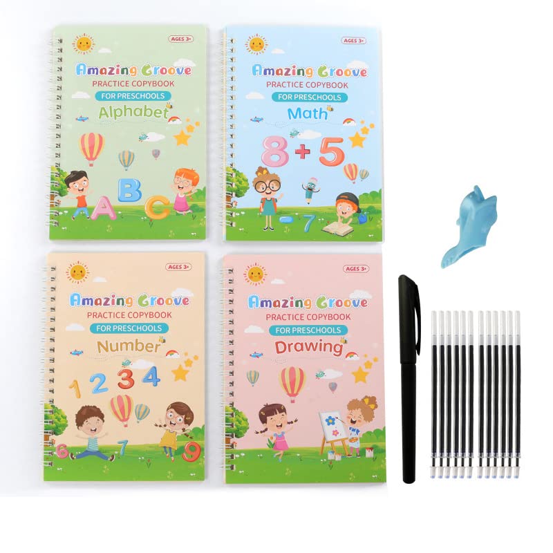 WINBOB Magic Practice Copybook for Kids, Reusable Writing Practice Book for Kids, Reusable Copybook Preschool for Kids Age 3-8 (4 Books+10 Blue Refills)