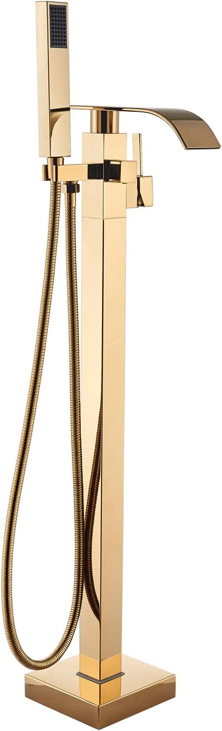 Senlesen Bathroom Tub Filler Faucet Floor Mounted Bathtub Shower Faucet Waterfall Spout Free Standing Tub Mixer Tap with Handheld Sprayer Gold Polished